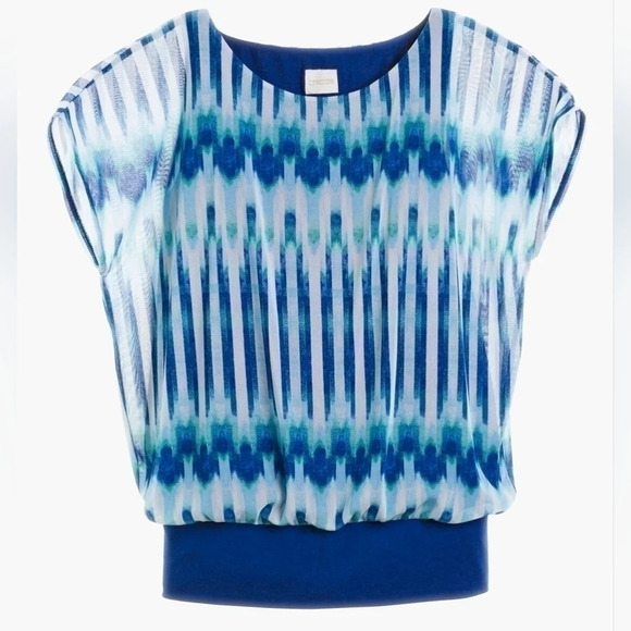 ✨️4/$20. CHICOS Ikat Banded Hem Blouse, Colorful Sheer Sleeve, 0 or S - Picture 5 of 14